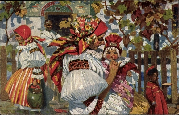 Artists Postcard Uprka, Joza, Vazani satku z Vlenova, women in national costumes, children