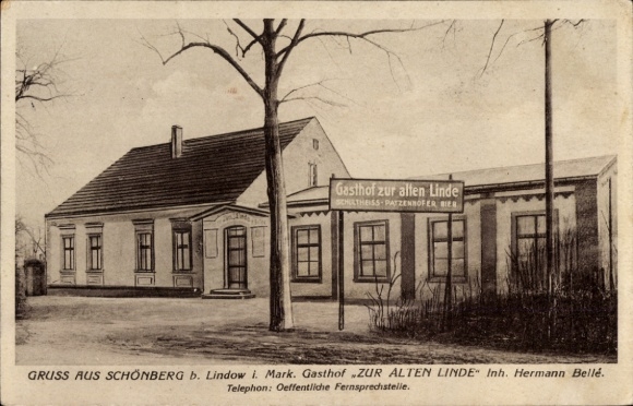 Postcard Schönberg Lindow in der Mark, Gasthof zur Alten Linde, Greetings from Hermann Bellé, Telephone: Open