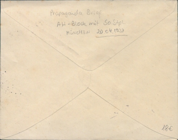 Envelope Whoever wants to save a people can only think heroically, stamp Munich 20 April 1937