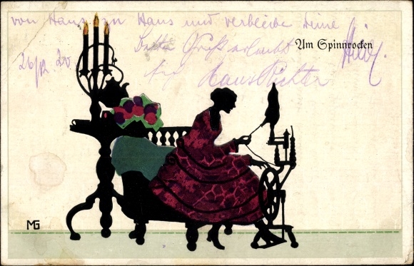 Paper cut Postcard Graf, Marte, On the distaff, woman on the spinning wheel