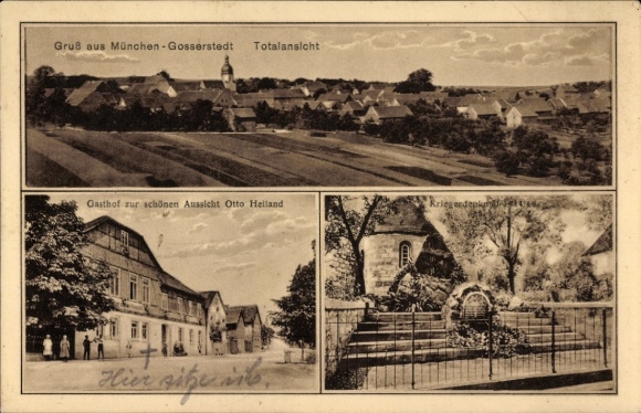 Ak Münchengosserstädt Bad Sulza Thüringen, Panorama, Gasthof zur schönen Aussicht, Kriegerdenkmal