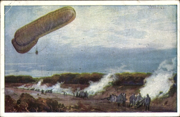 Artist Postcard Schulze, Hans Rudolf, Tethered Balloon of the German Air Fleet in World War I, Artillery