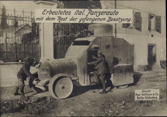 Giant Postcard Captured Italian armored car, prisoner crew, I WW