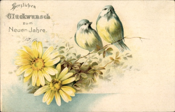 PC Peine in Lower Saxony, two birds on a branch above yellow daisies. Text: Warmest regards...