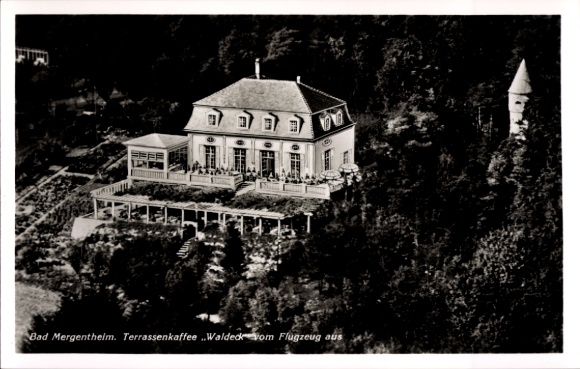 Postcard Bad Mergentheim in Tauberfranken, terrace café Waldeck, aerial photograph, building structure, garden