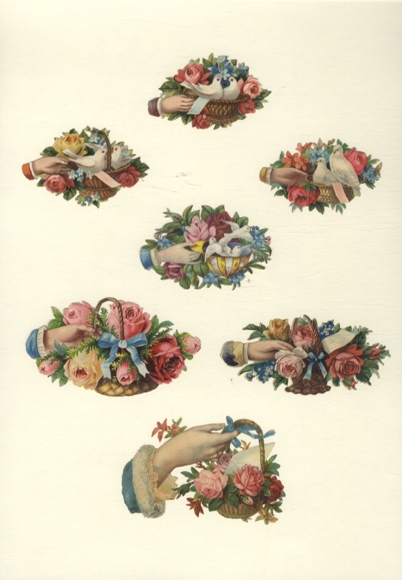 7 wafer hands with flower baskets, white doves, approx. 5 x 9 cm and 4.5 x 6.5 cm