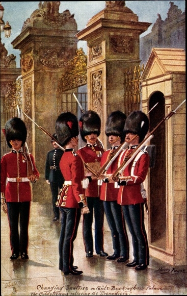 Artist Postcard Payne, Harry, Coldstream Guards changing sentries in front of Buckingham Palace
