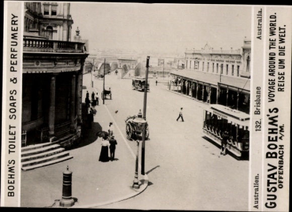 Photo Brisbane Australia, street scene, tram, advertising Boehm's Toilet Soap
