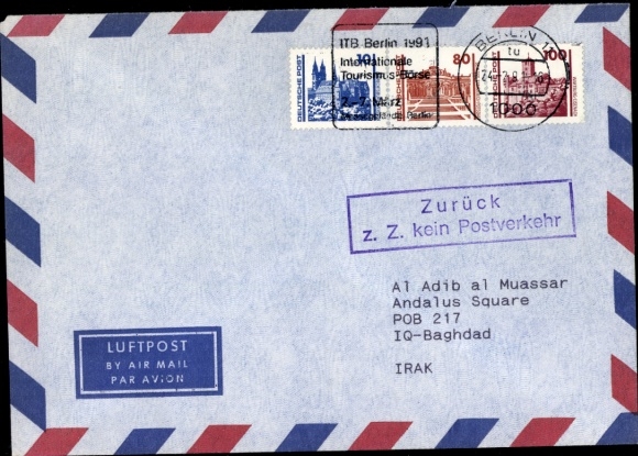 Michel nr 3344, 3349, 3350 w liście lotniczym, z tyłu, obecnie brak usług pocztowych, wojna w Iraku