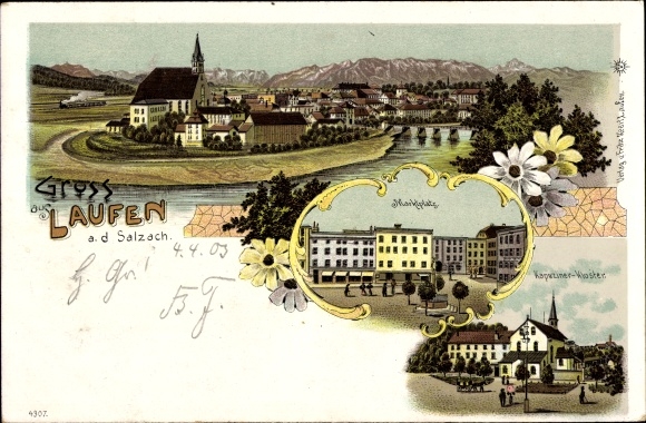 Litho Laufen Salzach im Berchtesgadener Land, Totalansicht vom Ort, Marktplatz, Kapuzinerkloster
