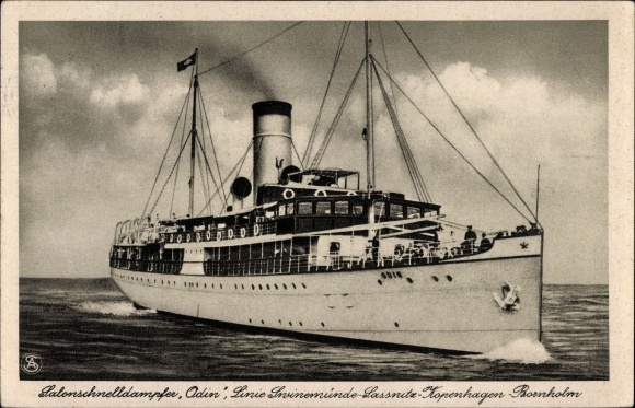 Ansichtkaart stoomboot Odin, rederij Braeunlich Stettin, lijn Swinemünde-Sassnitz-Kopenhagen-Bornholm