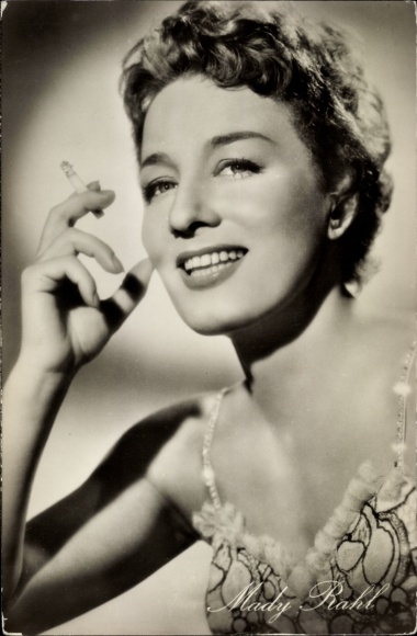 Postcard actress Mady Rahl, portrait, smoking cigarette, three from variety show