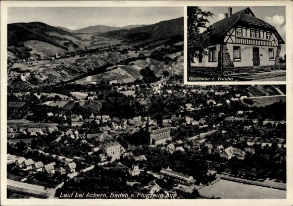 Postcard Lauf in Baden Schwarzwald, aerial photograph, Gasthaus z. Traube-Hauf