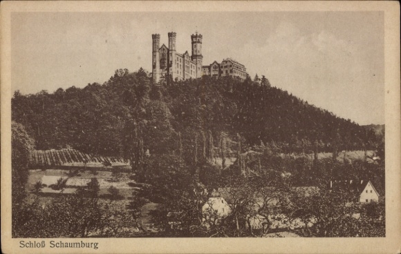 Postcard Schaumburg Rinteln on the Weser, Burg Castle on a hill, trees in the foreground