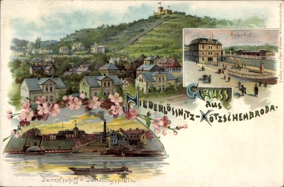Litho Niederlössnitz Kötzschenbroda Radebeul in Sachsen, Bahnhof, Dampfschiff Landungsplatz