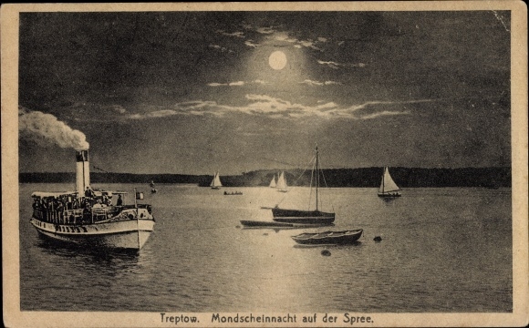 Ak Berlin Treptow, Mondscheinnacht auf der Spree, Salondampfer, Segelboote