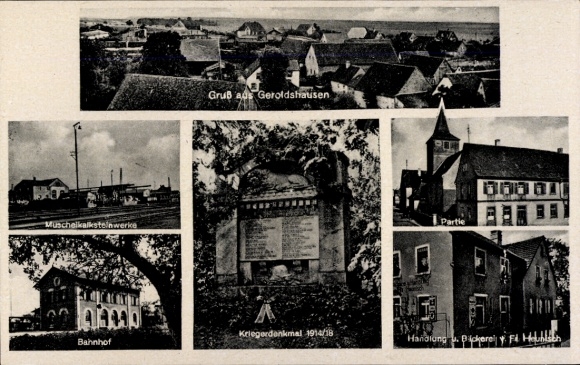 Postcard Geroldshausen Lower Franconia, shell limestone works, train station, Heunisch shop, war memorial