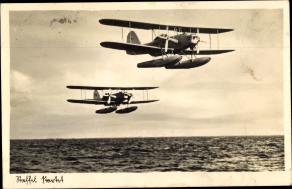 Postcard German Air Force, Heinkel He 59 fighter plane, seaplane, a squadron starts