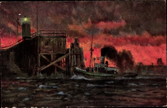 Artist Postcard steamer drives past a lighthouse