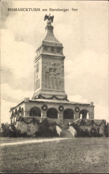 Postcard Starnberg on Lake Starnberg Upper Bavaria, Bismarck Tower, Monument,