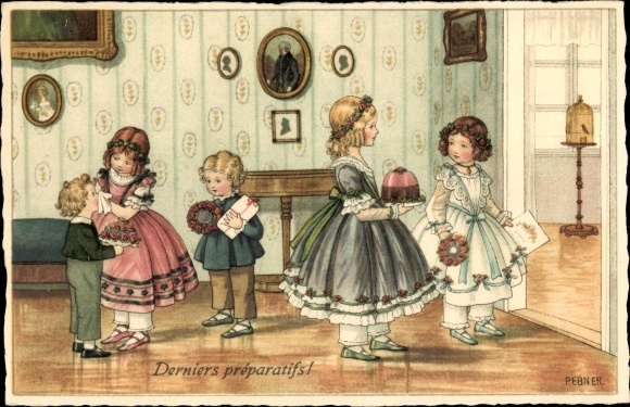 Kunstenaar ansichtkaart Ebner, Pauli, Derniers preparatifs, kinderen, taarten, geschenken