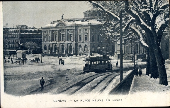 Postcard Genève Geneva Switzerland, la Place Neuve en hiver, tram
