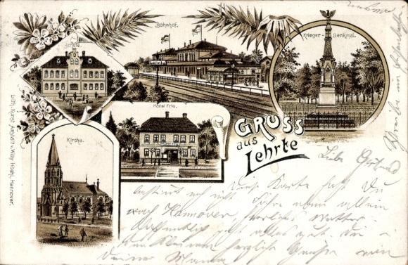 Chromo-Litho Lehrte in Lower Saxony, train station, war memorial, Hotel Frie, church