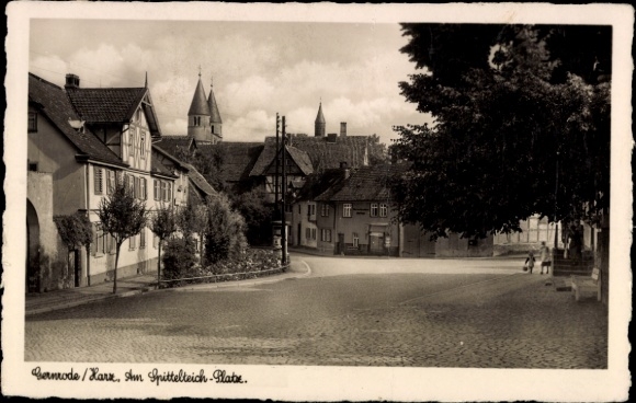 Ak Gernrode Quedlinburg in het Harzgebergte, Am Spittelteich-plein, kerktorens, Otto Walter Bakery
