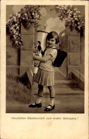 Postcard Congratulations School Enrollment, Candy Cone, School Bag, Entrance Gate