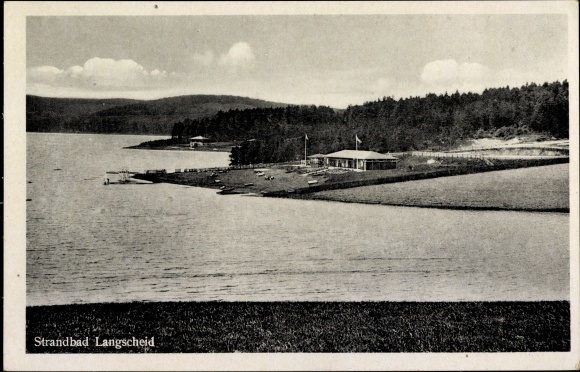 Postcard Langscheid Sundern in the Hochsauerland district, view of the lido, restaurant Deutsches Haus
