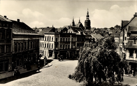 Postcard Lutherstadt Eisleben, city view, church towers, architecture, trees