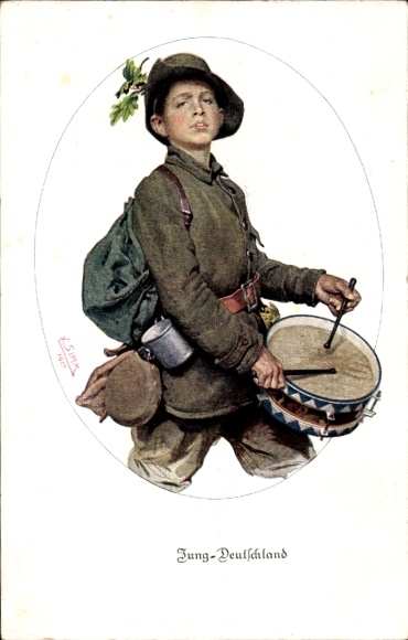 Artist Postcard Jung Deutschland, youth brigade, drummers, Bavarian State Committee for Voluntary Nursing