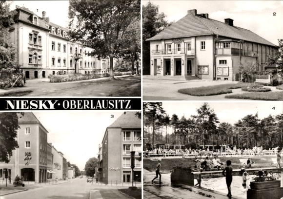 Postcard Niesky in Upper Lusatia, hospital, Schauburg Lichtspiele, new buildings at Zinzendorfplatz