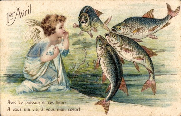 Stamped Postcard 1st April, Angels and Fishes