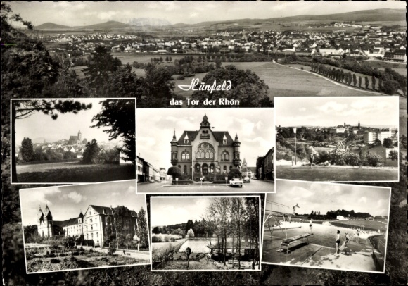 Ak Hünfeld in Hessen, panorama, stadhuis, zwembad