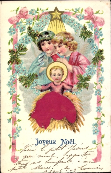 Material Postcard Congratulations Christmas, Baby Jesus, Flowers, Children