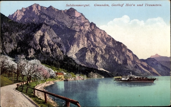 Postcard Gmunden in Upper Austria, Gasthof Hois'n and Traunstein