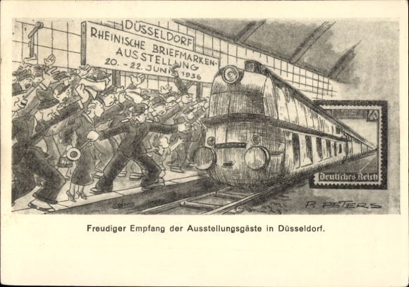 Kunstenaar Ak Peters, P., Düsseldorf am Rhein, Rijnlandse postzegeltentoonstelling juni 1936, spoorweg