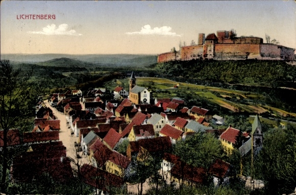 Postcard Thallichtenberg Rhineland Palatinate, church, castle Lichtenberg, panorama of the place