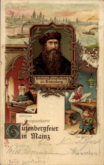 Künstler Litho Mainz am Rhein, Gutenbergfeier 1900, Johann Gensfleisch zu Gutenberg