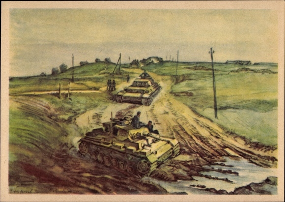 Artist PC Hensel, German Wehrmacht, approaching Panzer III