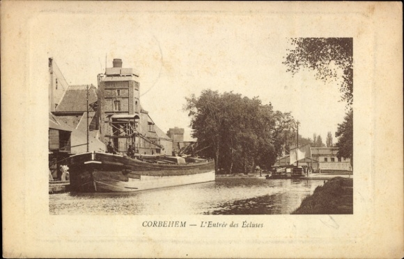 Ak Corbehem Pas de Calais, Schiff im Kanal, Gebäude, Bäume, Text: CORBEHEM - L'Entrée des Ecluses