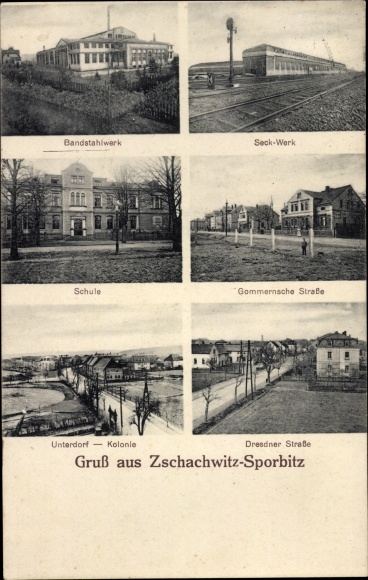 Ansichtkaart Dresden Leuben Zschachwitz Sporbitz, bandstaalfabriek, Seck fabriek, school, kolonie Unterdorf
