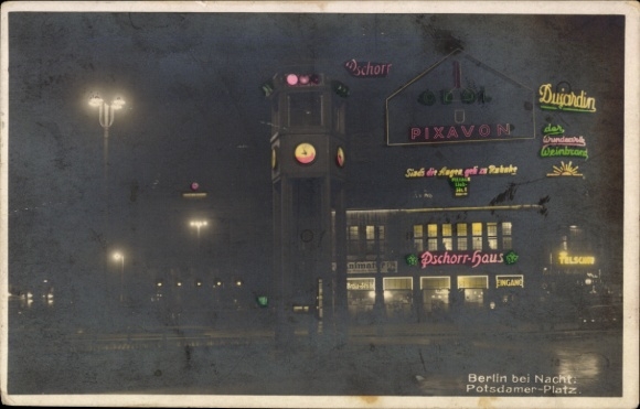 Postcard Berlin Tiergarten, Potsdamer Platz, night illumination, colored
