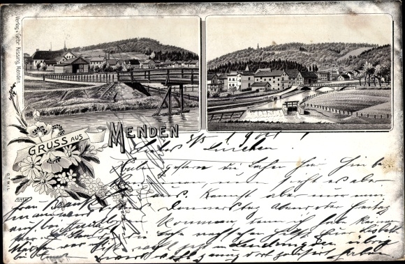 litho Menden in Sauerland, rivierdeel, stuw, brug