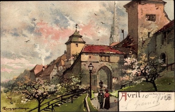 Artist Chromo-Litho Guggenberger, Thomas, Month of April, Avril, Allegory
