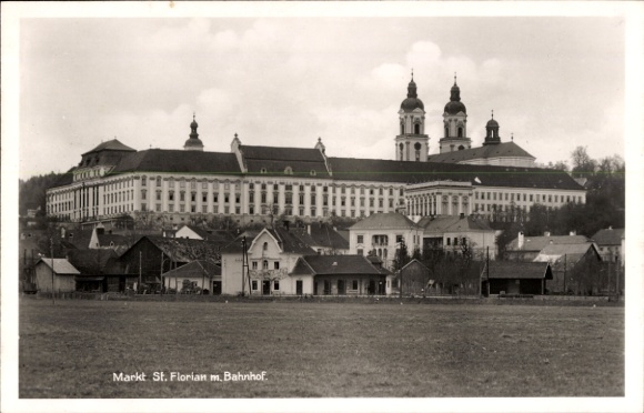 Postcard Markt St. Florian Upper Austria, St. Florian Abbey, Monastery, Railway Station, Monastery Church