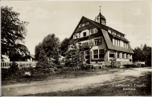 Postcard Eibenstock in the Ore Mountains Saxony, Bielhaus, building, rural surroundings, traditional style