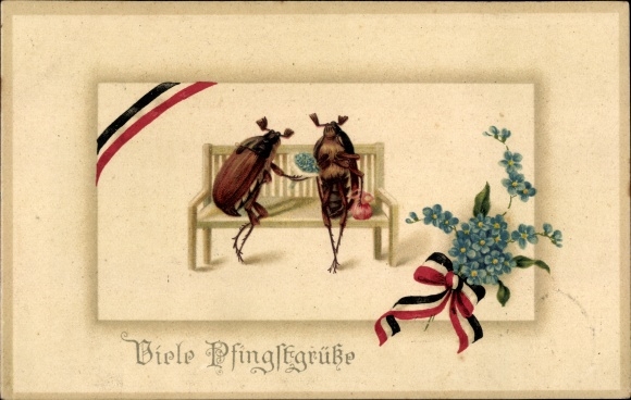 PC congratulations Pentecost, pair of cockchafers, flag ribbon, forget-me-not