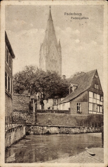 Postcard Paderborn in North Rhine Westphalia, Paderquellen, partial view of the city with view to the church